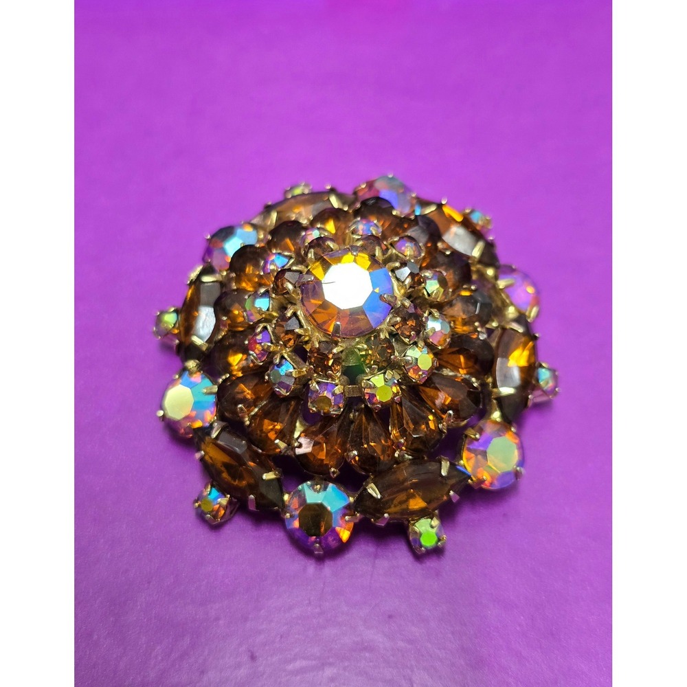 Vintage Rhinestone Aurora Borealis Brooch Amber Brown Gold Tone